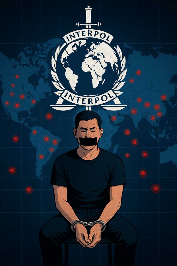 A silenced dissident handcuffed beneath a broken INTERPOL logo representing misuse by authoritarian governments.