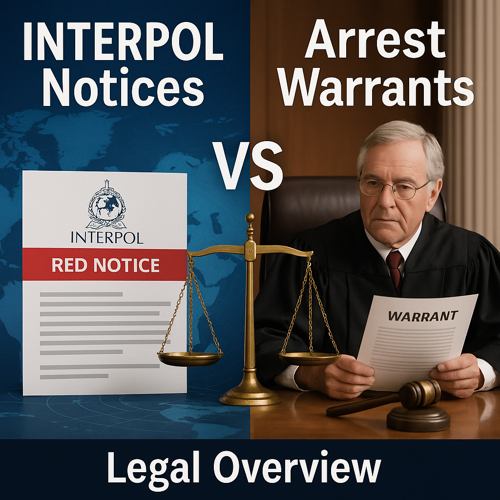 Split image showing INTERPOL Notices vs Warrants with legal balance scales and courtroom background.