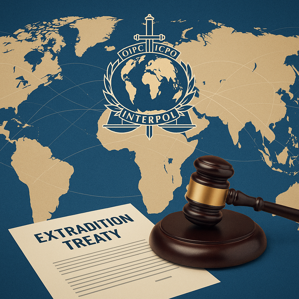 Gavel and INTERPOL logo over a world map showing extradition treaty routes.