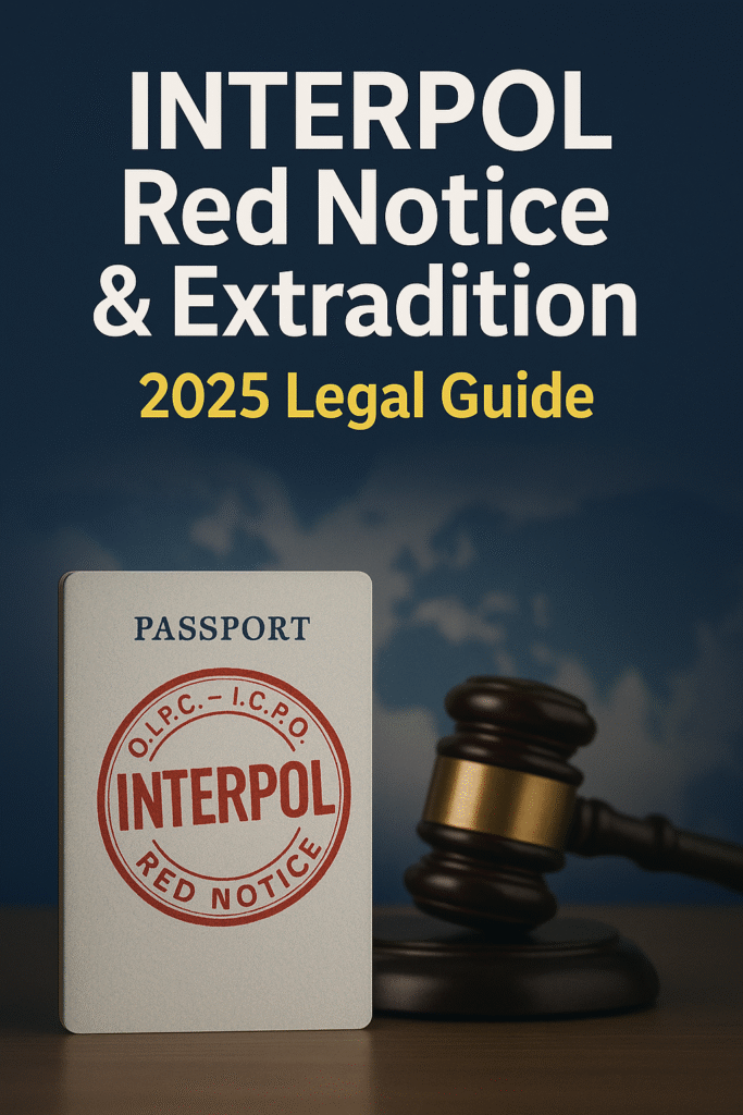 Passport with INTERPOL Red Notice stamp and gavel symbolizing international extradition process