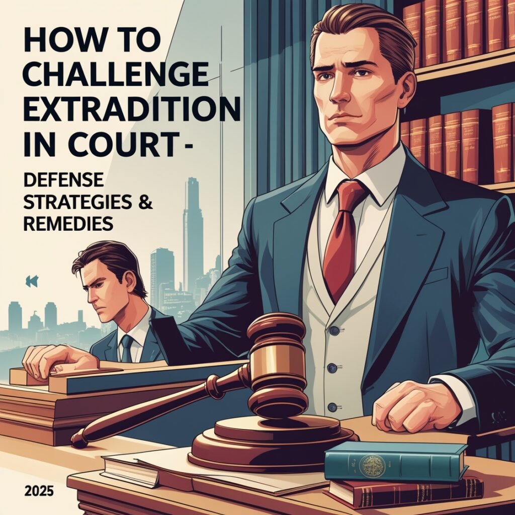 Illustration of lawyers in court with law books and gavel, representing defense strategies to challenge extradition in 2025.