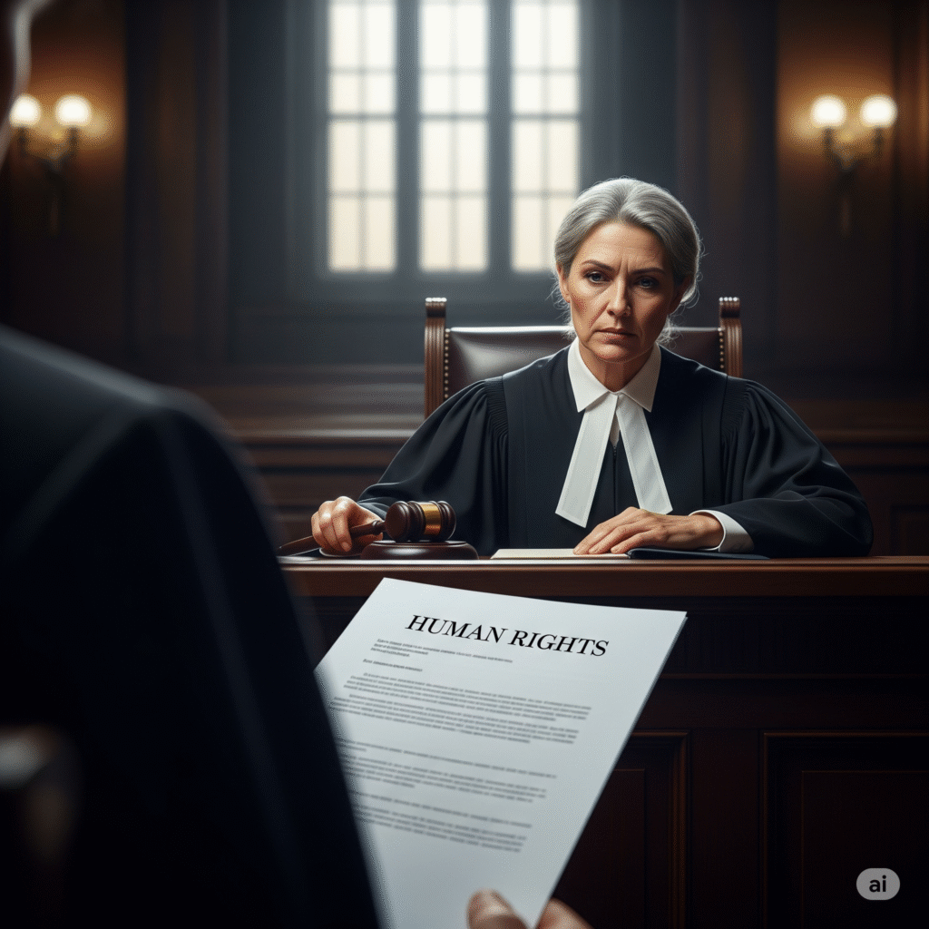 Extradition courtroom scene with a person and a human rights document, symbolizing legal protections for fugitives.