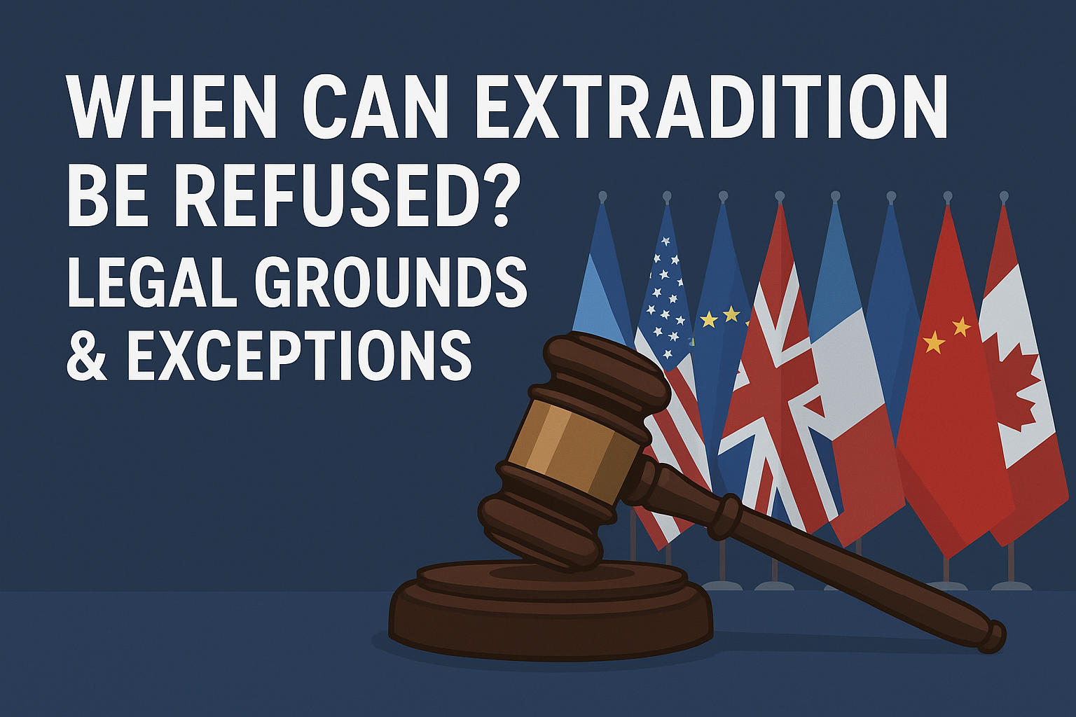 Judge’s gavel with multiple country flags representing extradition refusal and international law.