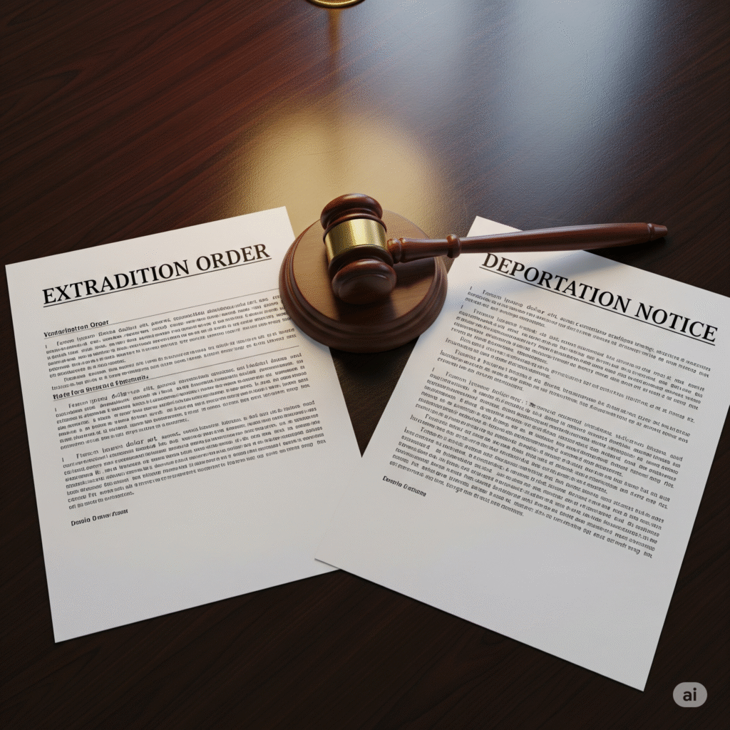 Extradition vs. Deportation documents with a gavel, symbolizing legal differences.