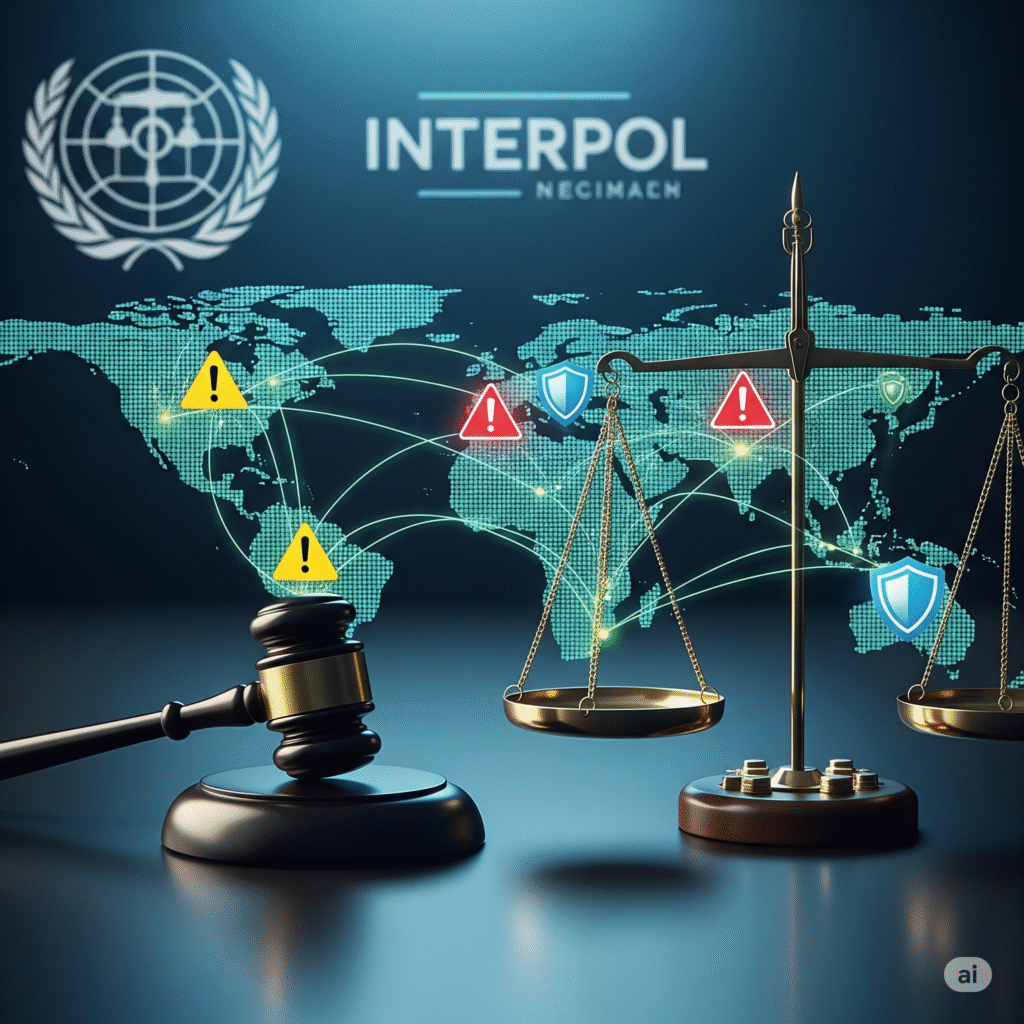 World map with alert icons and legal symbols representing INTERPOL global notices and security.