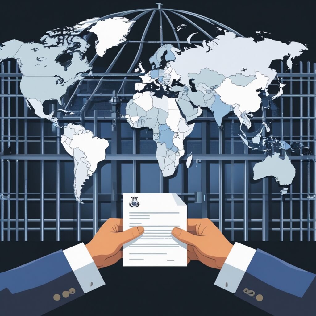 Illustration of international prisoner transfer agreements showing legal cooperation across borders.
