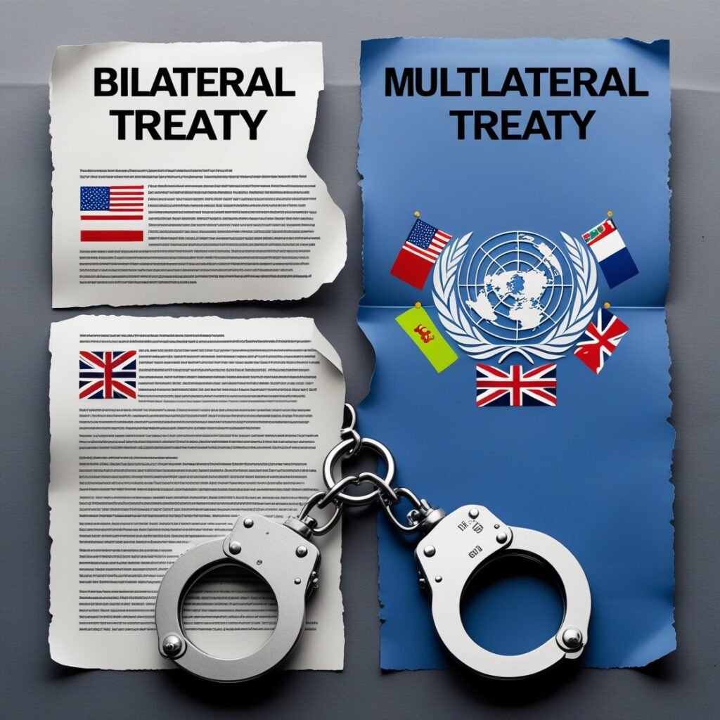 Bilateral vs. Multilateral prisoner transfer treaties comparison illustration.
