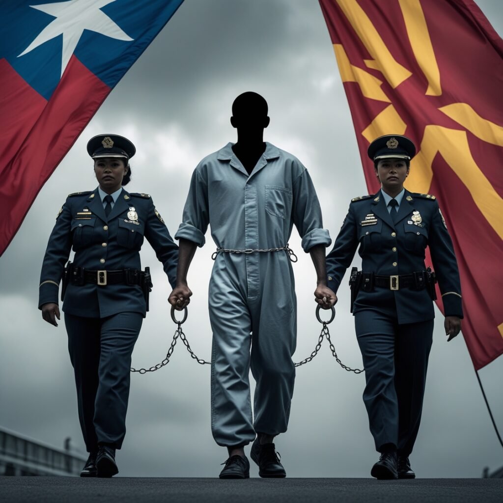 Prisoner being escorted between countries representing dual criminality in international prisoner transfers.