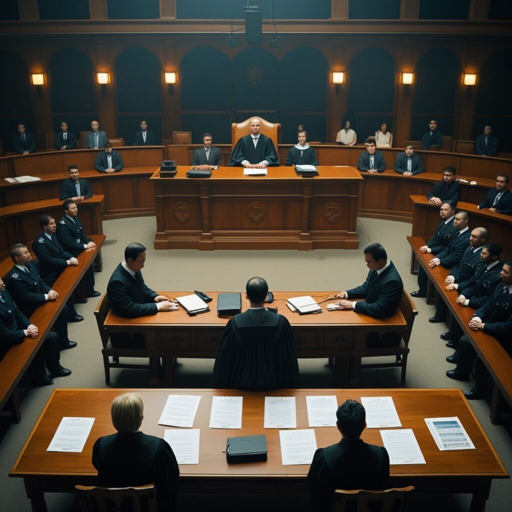 Courtroom scene depicting an extradition hearing with judge, lawyers, and accused.