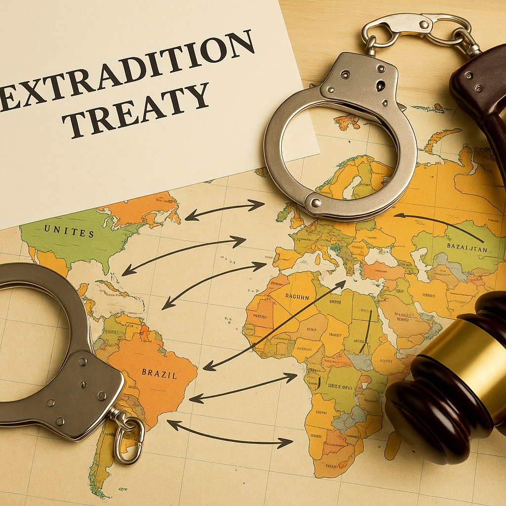 Illustration of extradition treaty between countries with flags, legal documents, and justice scales.