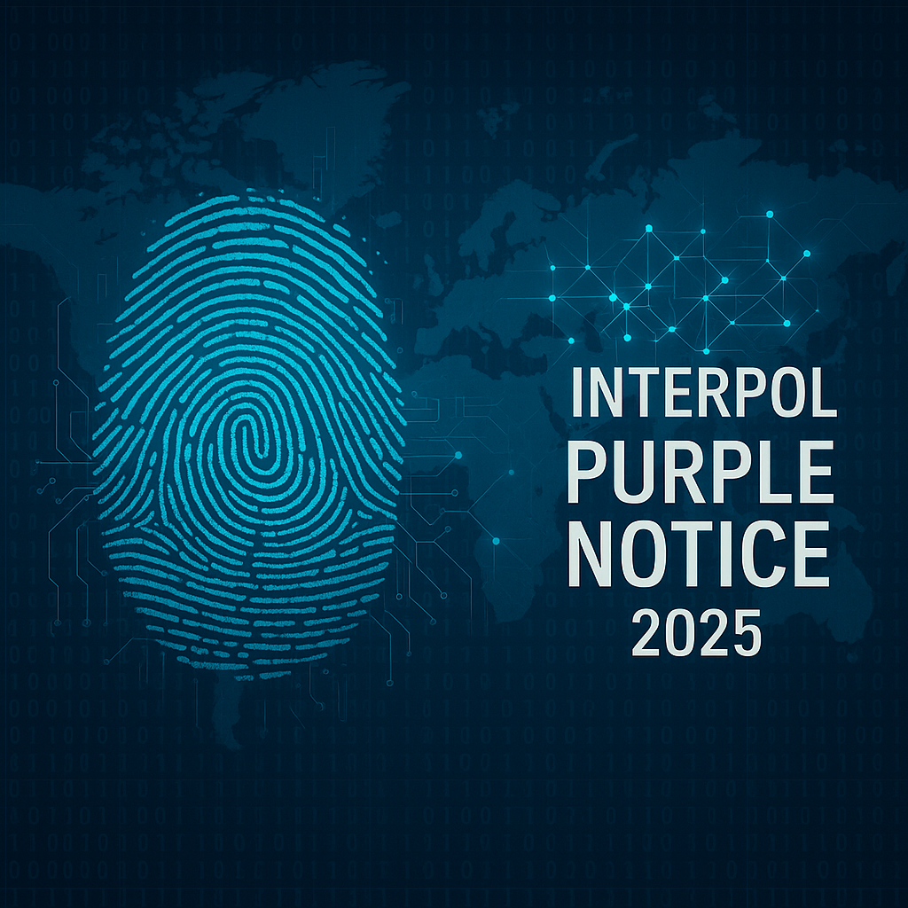 Digital fingerprint with coding and maps representing INTERPOL Purple Notice for global crime tracking.