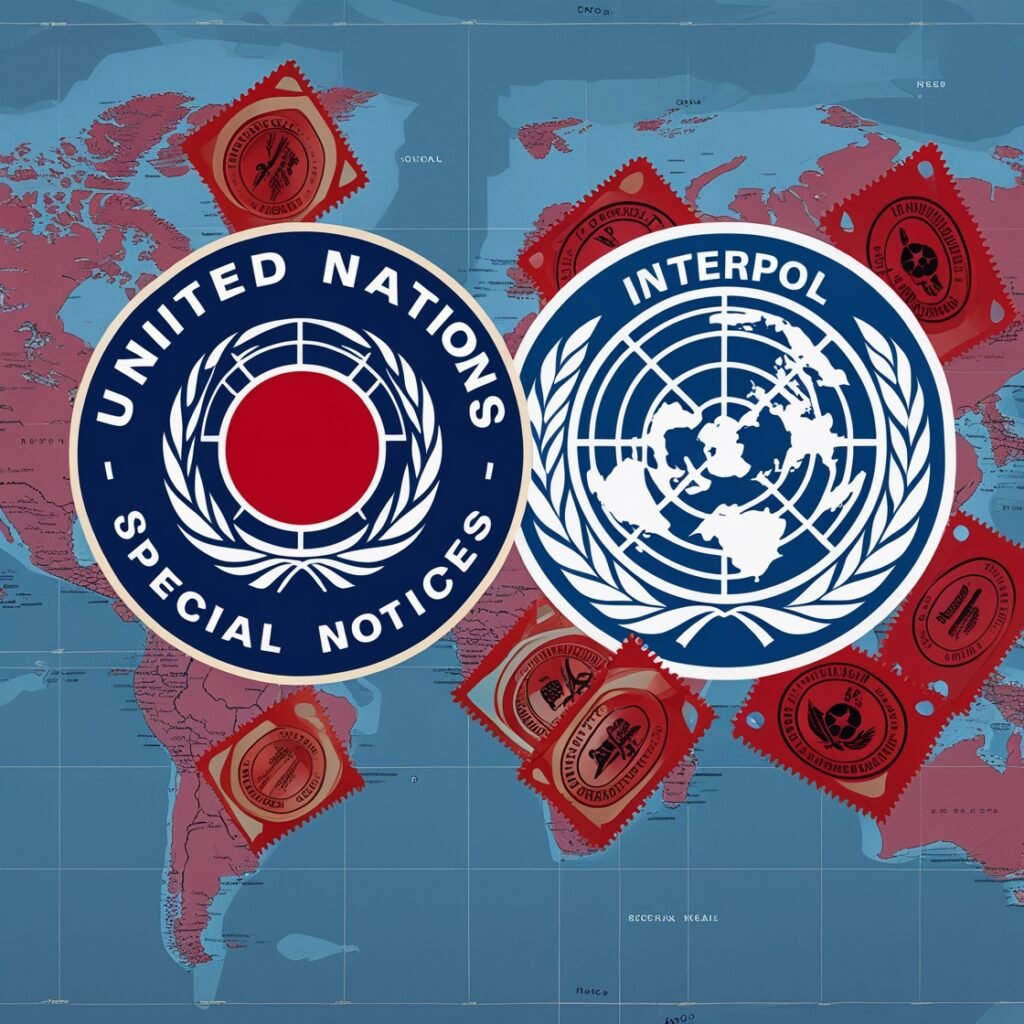 INTERPOL and United Nations logos with global sanction alerts in background.