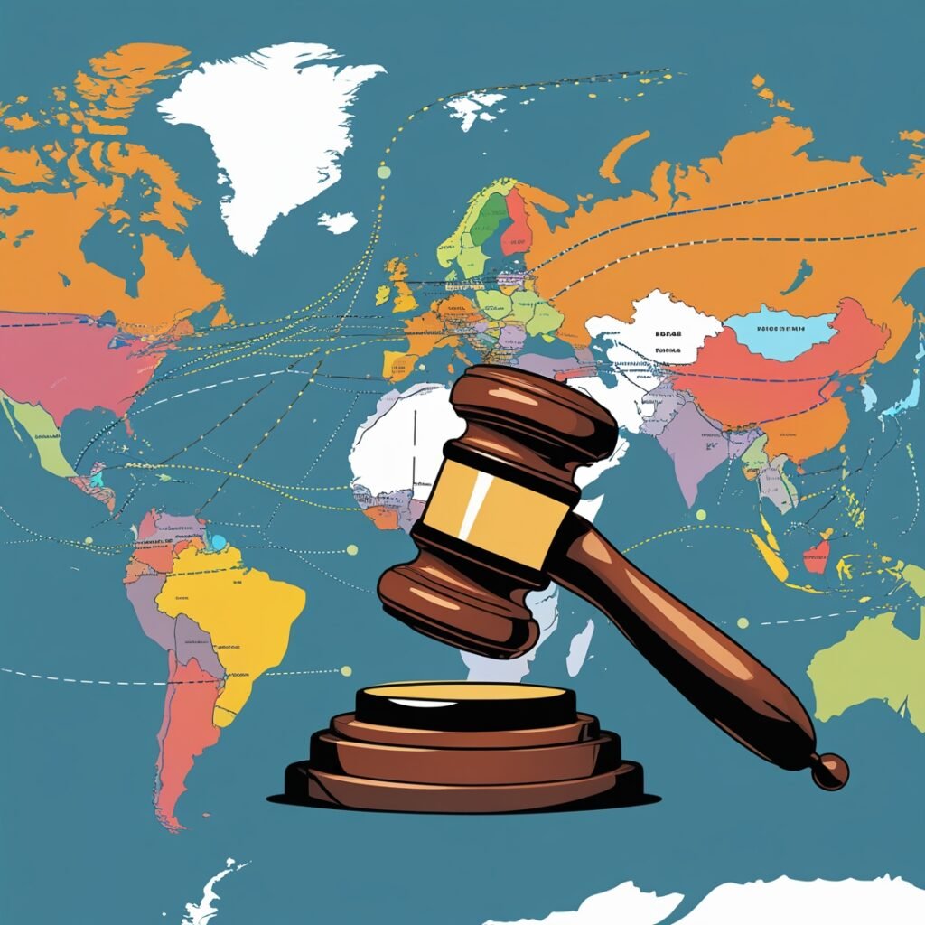 Global extradition process symbolized by a gavel over a world map.