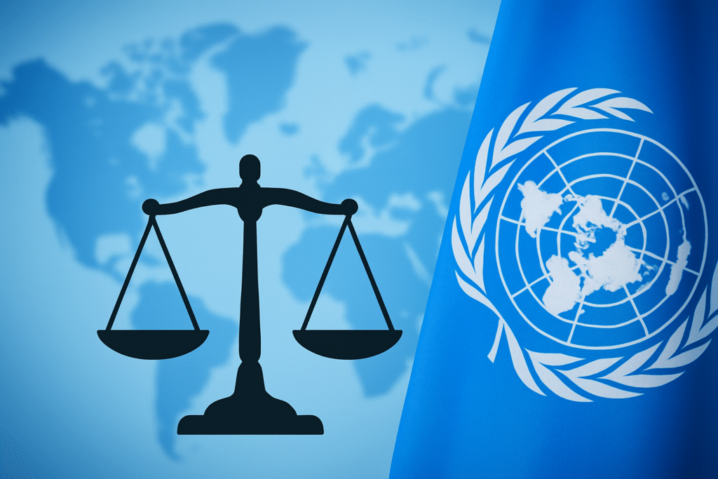 UN flag and scales of justice symbolizing international prisoner transfer cooperation programs and legal frameworks for 2025