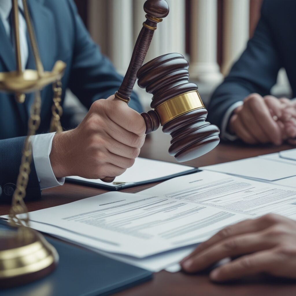 A detailed close-up of a judge's gavel resting on a stack of legal documents and international treaties, with a blurred scale of justice in the background, symbolizing the legal appeal process for prisoner transfers.