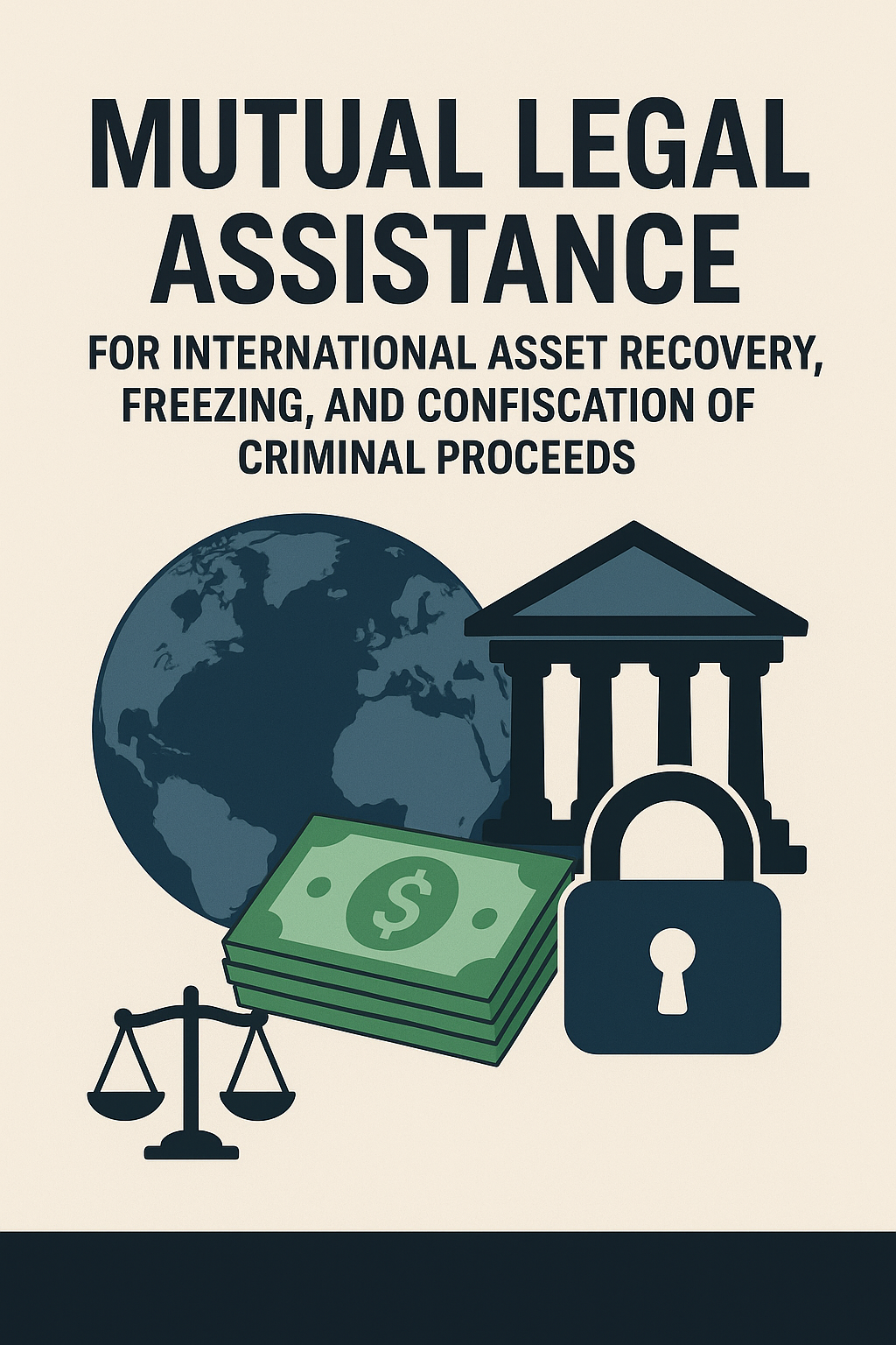 A padlock closing on a stack of money over a globe, symbolizing the international freezing and confiscation of criminal assets through Mutual Legal Assistance; asset recovery MLA