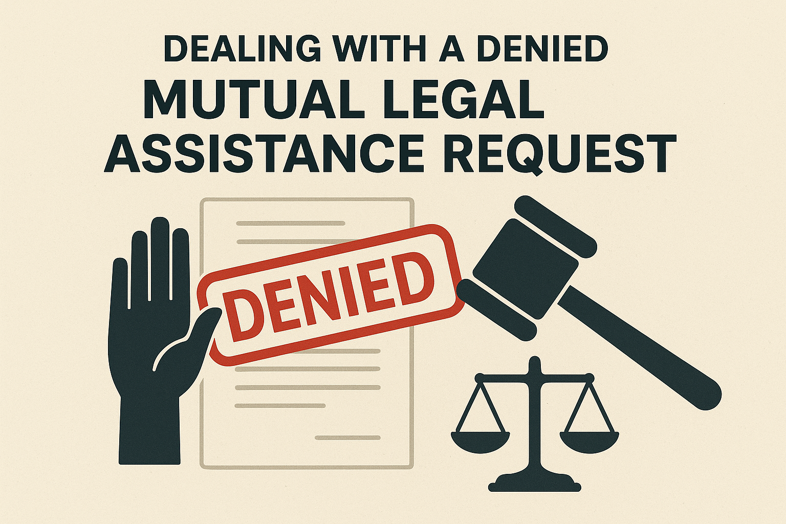 A stamped document with the word DENIED, with a gavel and legal books in the background, symbolizing the appeal process for a refused Mutual Legal Assistance request