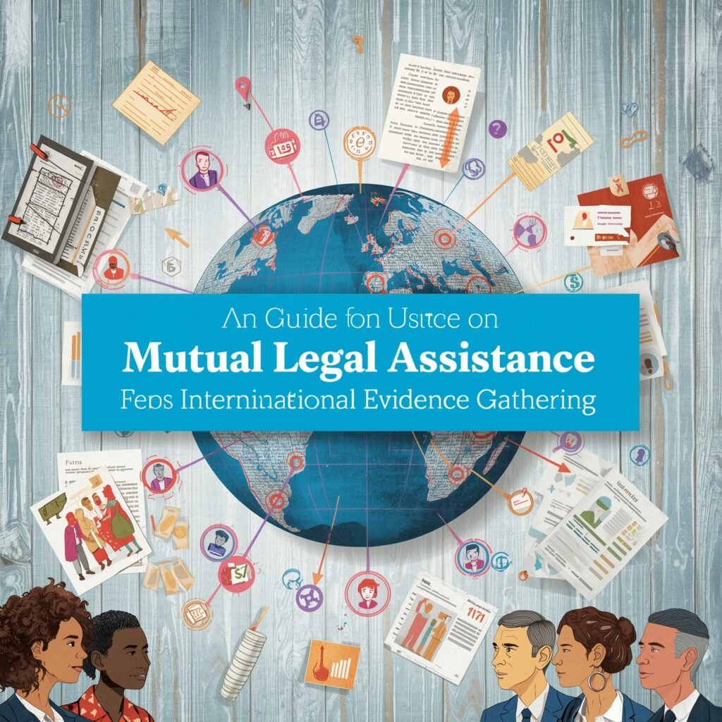 A magnifying glass over a globe with documents and a currency symbol, representing international evidence gathering, asset tracing, and document collection via MLA