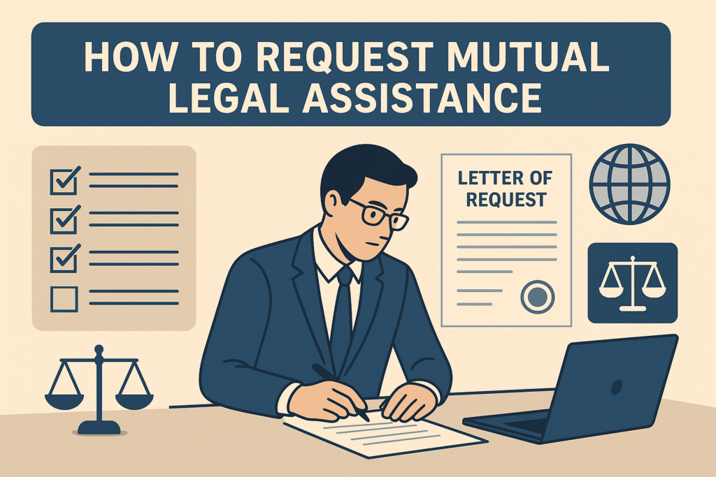 A lawyer's hands drafting a document titled Letter of Request for Mutual Legal Assistance