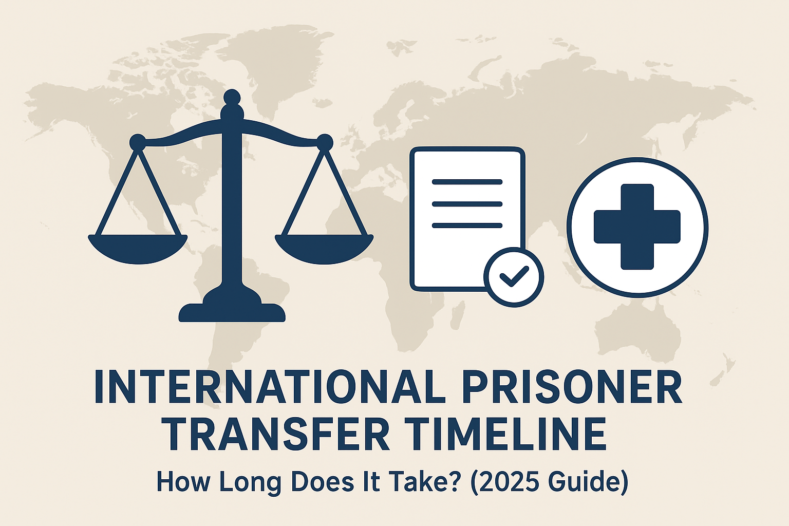 Illustration of international prisoner transfer timeline showing justice scales, world map, and legal process stages.