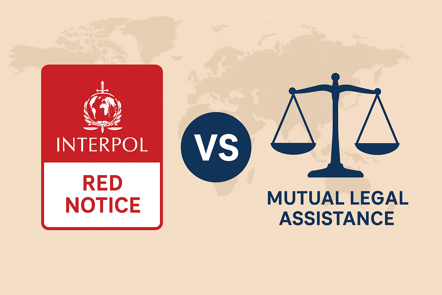 Scale of justice balancing a globe with handcuffs and a document, symbolizing the difference between Interpol Red Notices for arrest and MLA requests for evidence.