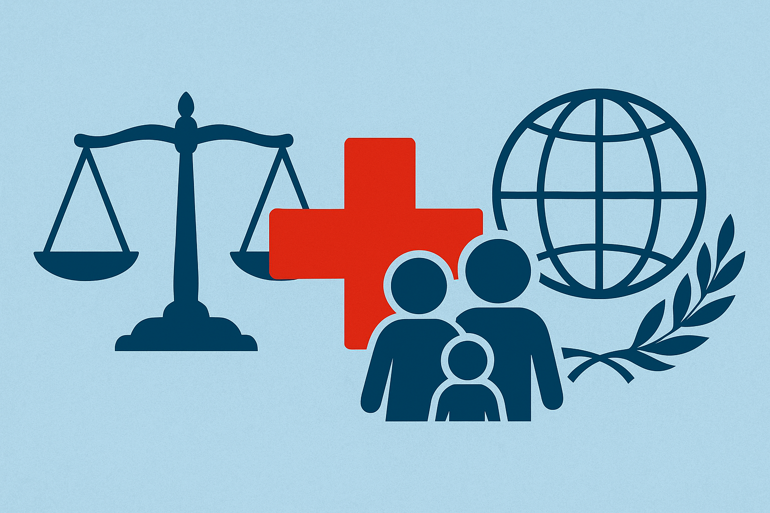 Scale of justice with a medical cross and family silhuettes over a globe, symbolizing legal options for medical and humanitarian prisoner transfers in 2025