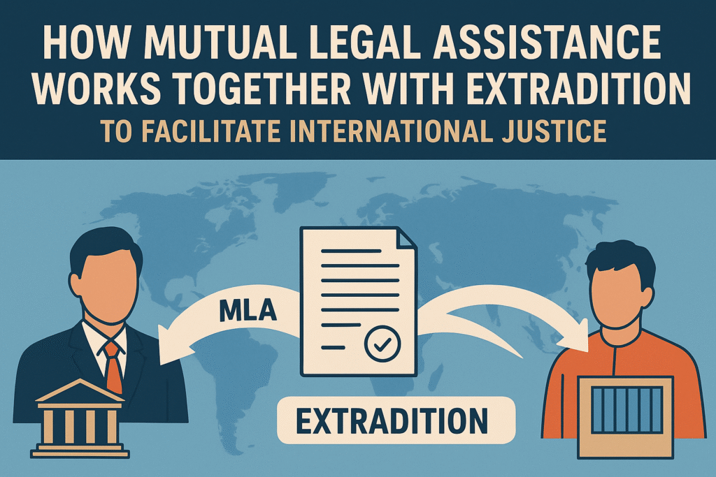A conceptual image showing two gears labeled "MLA" and "Extradition" interlocking, with arrows showing how evidence flows from one process to enable the other.