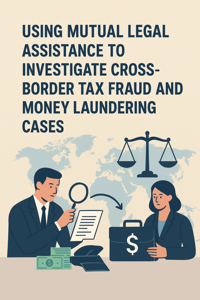 A magnifying glass over a global financial chart with currency symbols, representing international investigation of tax fraud and money laundering through MLA