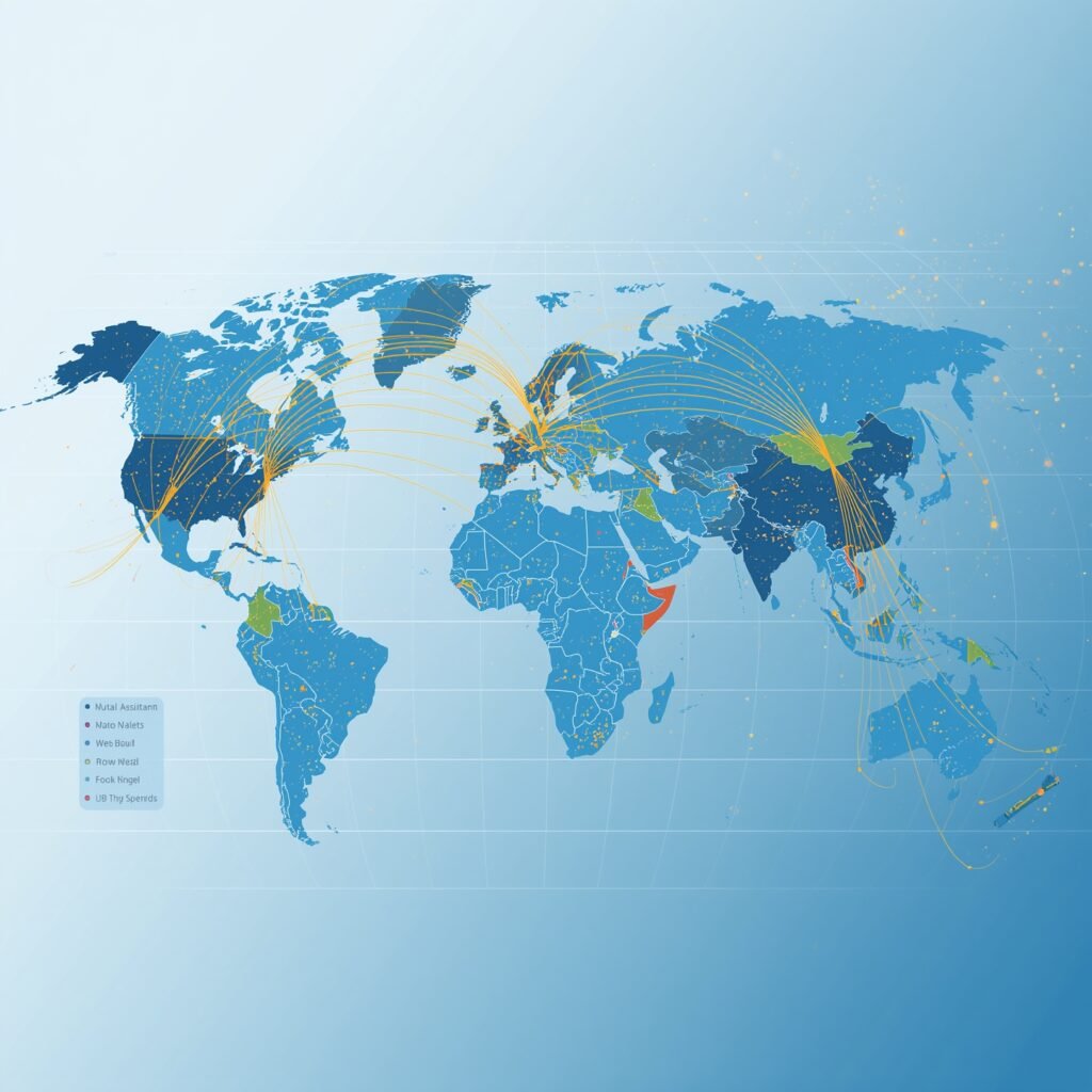 World map with connecting lines between countries, symbolizing the global network of Mutual Legal Assistance Treaties (MLATs) between nations