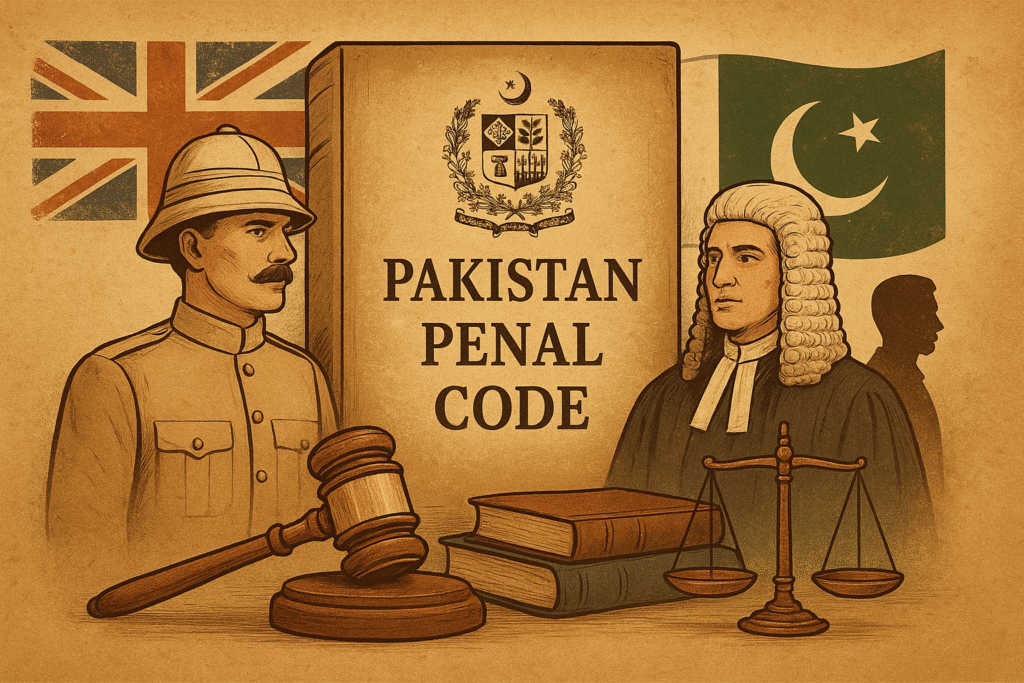 Stack of old and new law books with the title Pakistan Penal Code on the spine, symbolizing its historical evolution.