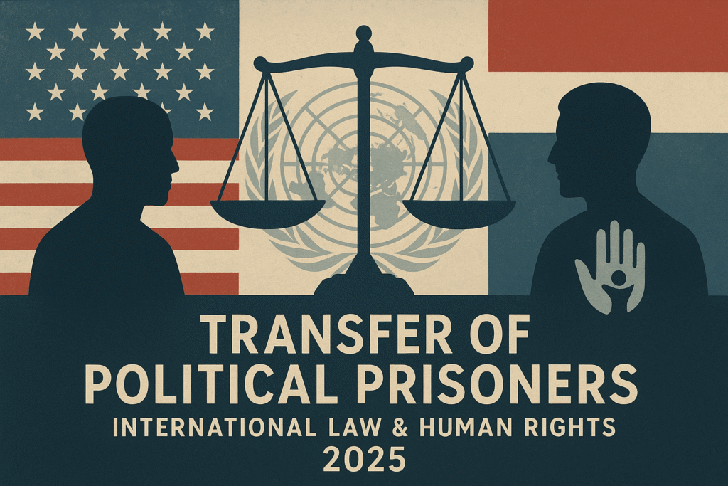 Illustration of political prisoner transfer across borders with scales of justice, national flags, and human rights symbols.