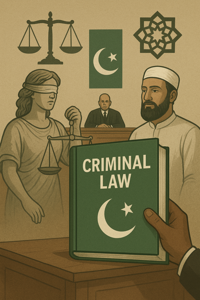 Traditional scales of justice with a British wig on one side and a Quran on the other, symbolizing the blend of Common Law and Islamic law in Pakistan.
