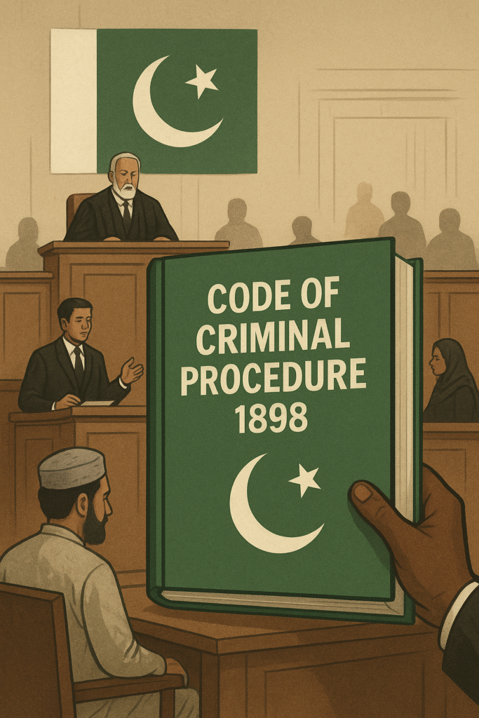 Gavel on a desk with law books titled Code of Criminal Procedure 1898, symbolizing Pakistani criminal law and procedure.