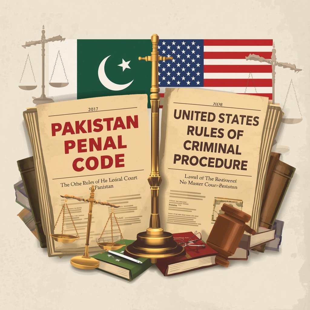 Legal scales balancing CrPC Pakistan documents against US Federal Rules law books
