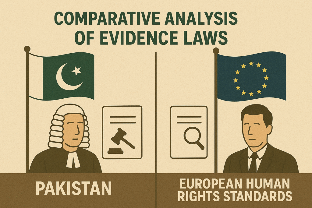 Legal scales balancing Pakistan criminal evidence regime, Pakistan's Qanoon-e-Shahadat with European human rights documents.