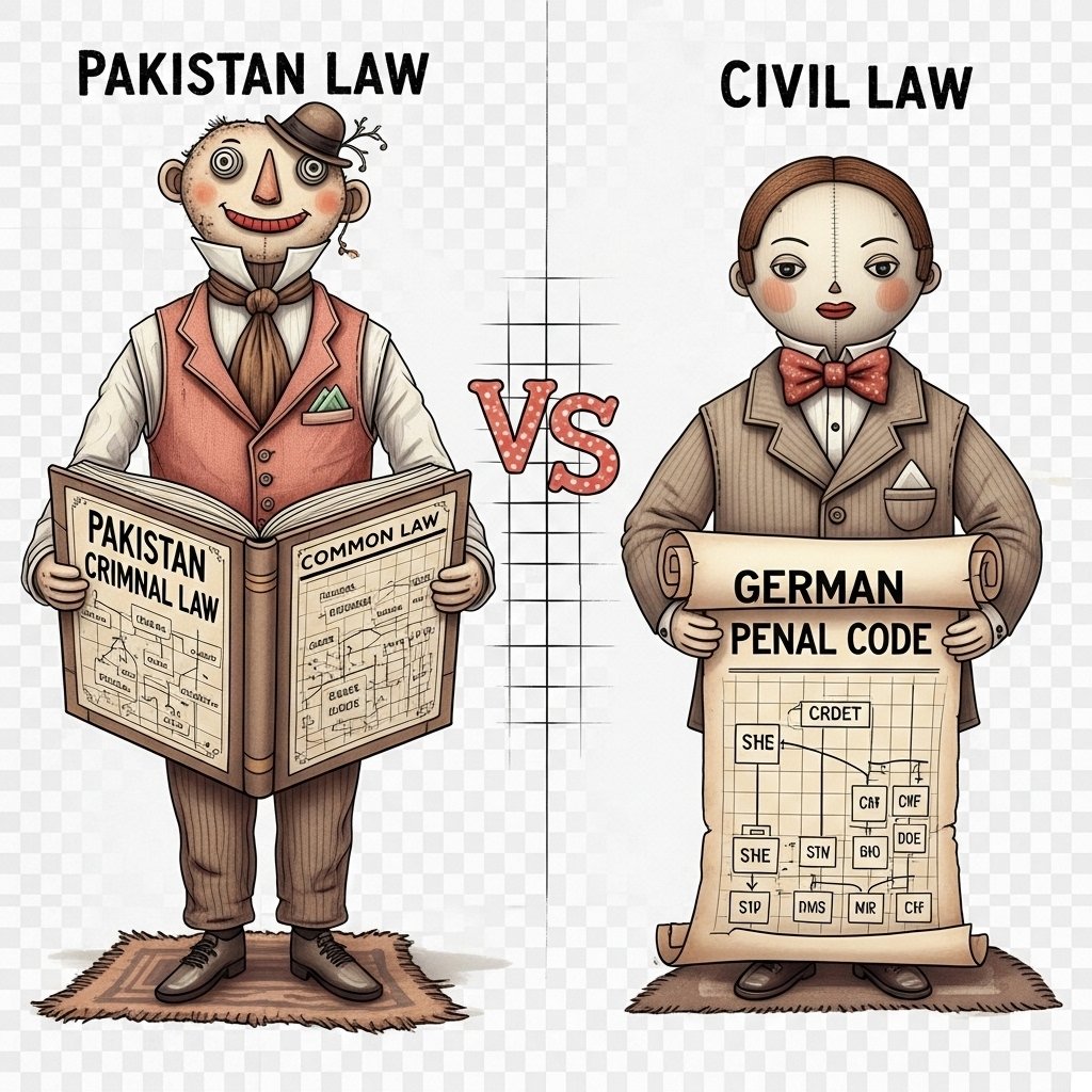 Law books from Pakistan and Germany showing the Pakistan Penal Code and Strafgesetzbuch side by side.
