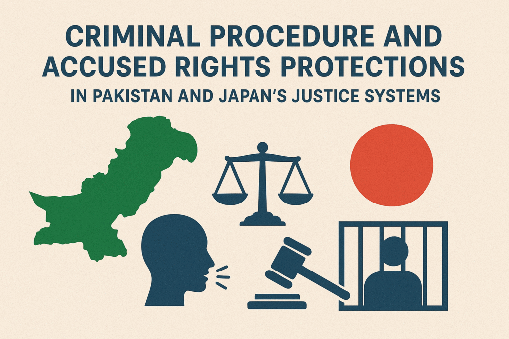 Comparative analysis of procedural fairness for the accused in Pakistan and Japan showing legal scales with respective flags.