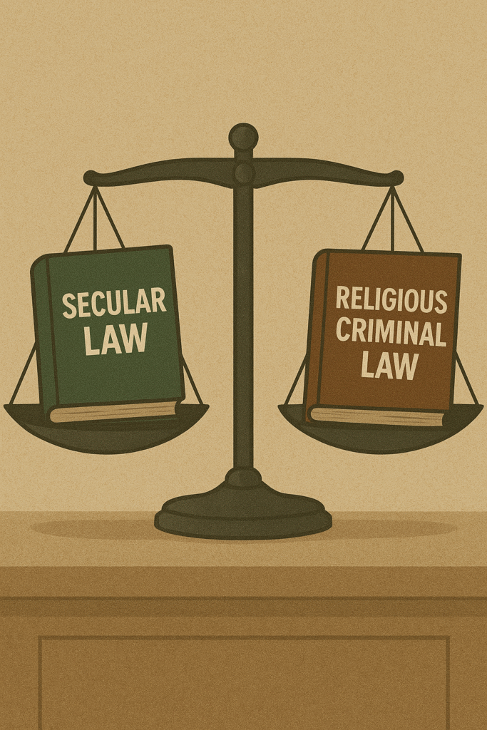 Scales of justice balancing a modern law book and a religious text, representing religious influence criminal law.